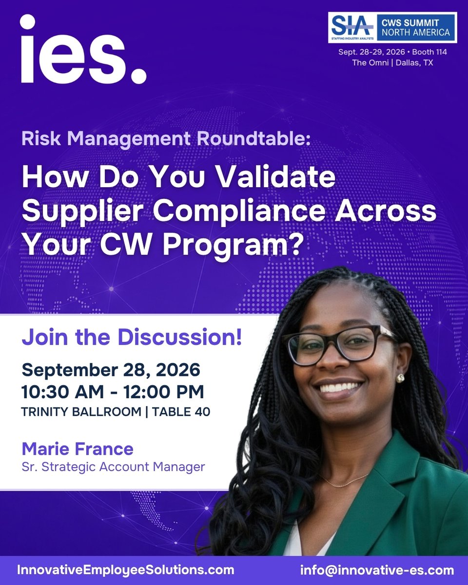 InnovativeES's tweet photo. Calling @SIAnalysts #CWSSummit attendees! Join Marie France’s RT discussion tomorrow morning.
10:30 am CT | Trinity Ballroom | Table 40
#RiskManagement – “How Do You Validate Supplier Compliance Across Your CW Program?”
https://t.co/CSpRRRklhh
#IES #ContingentWorkforce https://t.co/vqBOFwMLqV