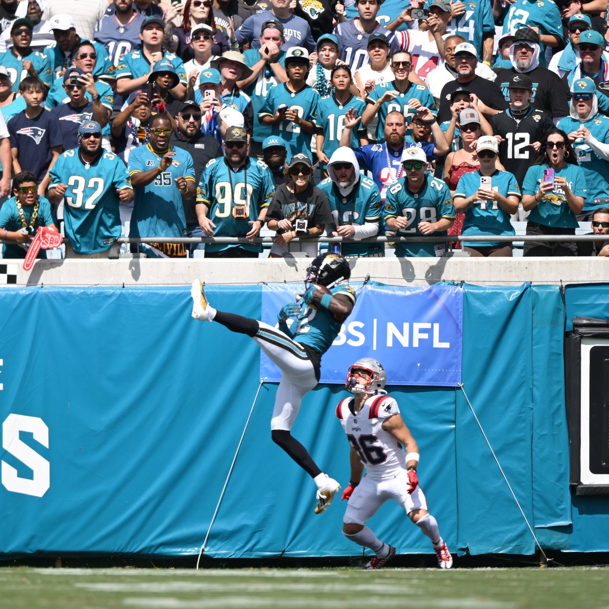 JaguarsPR's tweet photo. . @TravisHunterJr caught his first career interception in today's game, picking off Patriots QB Drake Maye in the end zone. The Jaguars' streak of games with an INT extends to eight, the longest active streak in the NFL. https://t.co/egNgs6ZDl9
