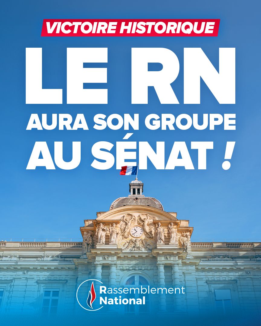 RNational_off's tweet photo. 🇫🇷 Historique ! Le RN, avec ses alliés de l’UDR, va constituer pour la première fois un groupe au Sénat !

La voix de la France des territoires et des millions de Français qui aspirent à la renaissance de notre pays résonnera désormais au Sénat, portée par des élus qui poursuivront leur engagement au plus près du terrain.

▶️ Rejoignez-nous : https://t.co/1frcZRIEaG