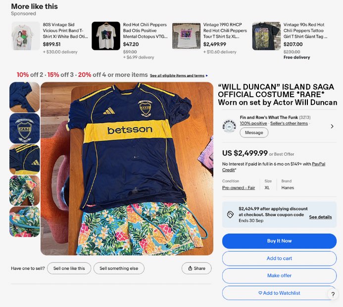 williambanks_'s tweet photo. Will Duncan ‘Island Saga’ original costume for sale. *RARE* Boca Juniors jersey + Hawaiian style swimming trunks worn 2 months lost on an island.  

i am getting desperate for money and a job. $2,499.99 or OBO https://t.co/e5K2BzxaQt