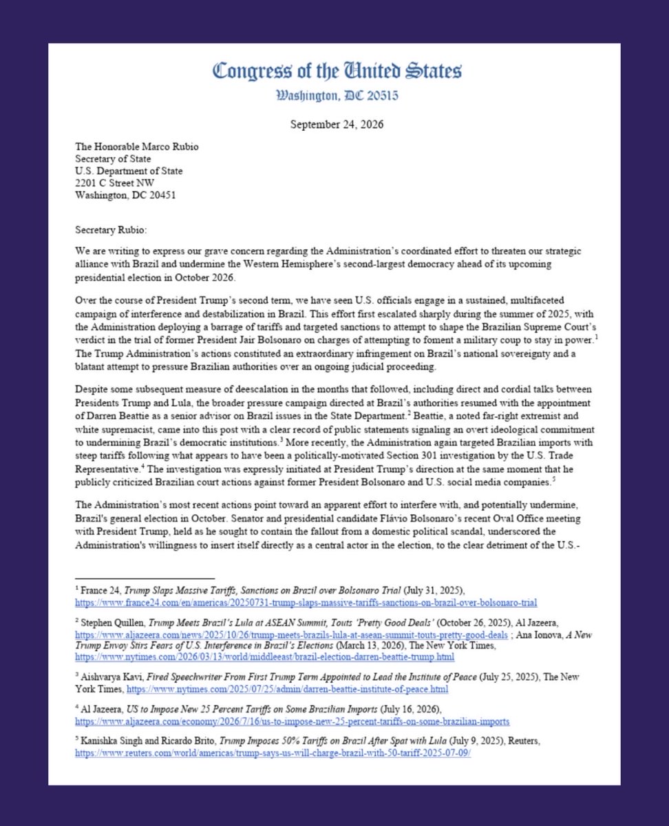 repdeliaramirez's tweet photo. Time and again, the Trump administration has abused their power to engage in a campaign of interference and destabilization in Brazil’s elections.
 
I led a letter with 30 colleagues urging the Trump administration to respect Brazil’s electoral process and end their pattern of interference in electoral processes in Latin America.