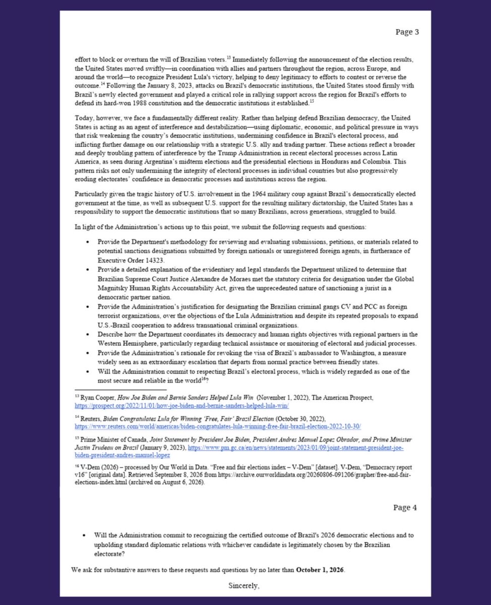 repdeliaramirez's tweet photo. Time and again, the Trump administration has abused their power to engage in a campaign of interference and destabilization in Brazil’s elections.
 
I led a letter with 30 colleagues urging the Trump administration to respect Brazil’s electoral process and end their pattern of interference in electoral processes in Latin America.