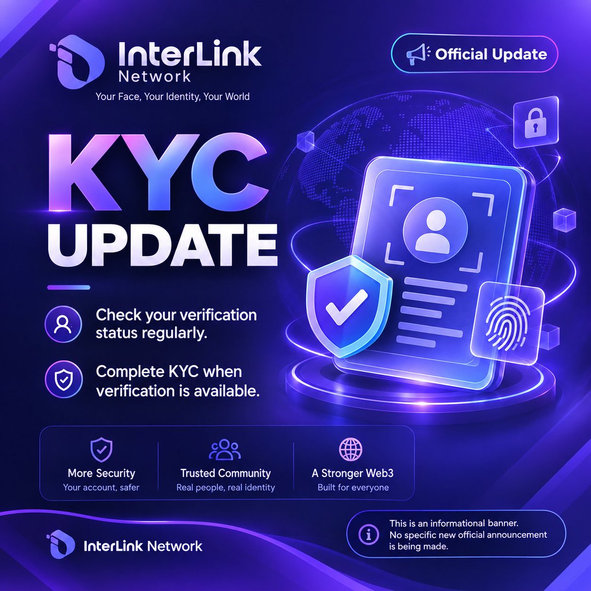 VIP990325660's tweet photo. 🔐 KYC is an important step toward a stronger InterLink ecosystem.
Stay active and check your verification status regularly. 💜
#InterLink #ITL #ITLG https://t.co/xjjcW2bC6G