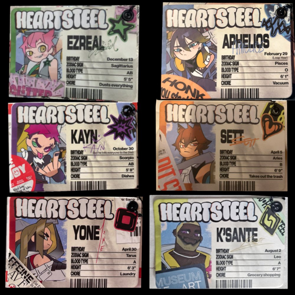 sandsofgalaxy's tweet photo. All Heartsteel ID cards from merch together, found them on Twitter , I don't have any MONEY

• Ezreal
• Kayn
• Yone
• Aphelios
• Sett
• K'Sante https://t.co/zHdFLPPiTw