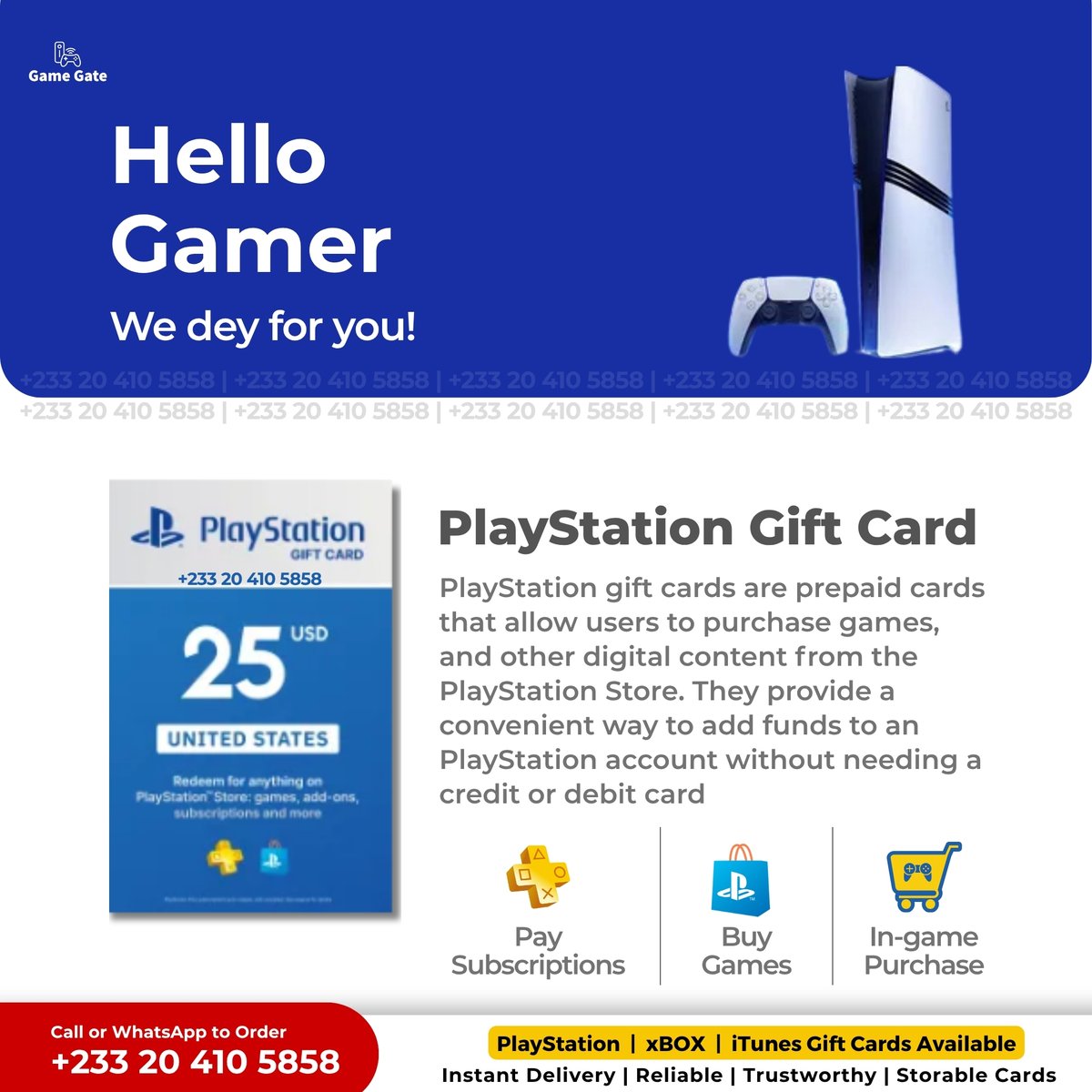 GameGateGh's tweet photo. Ghana gamers 🎮

Need a PlayStation, Xbox or Nintendo gift card?

$1–$100 available
Instant delivery after payment
100% genuine — 6 years trusted

You'll have your code before your next game finishes loading

DM us on WhatsApp now