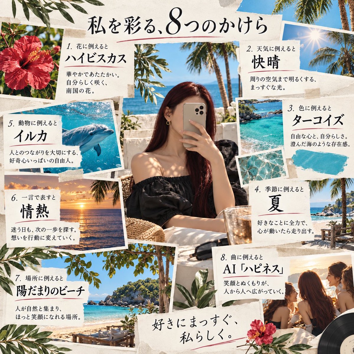oki_mai_x's tweet photo. チャッピーに「私ってどんな人？」と聞いたら、こんな1枚になった🌺

花はハイビスカス、天気は快晴🌞
 一言で表すと「���熱」だって🥹🔥

私ってこんなふうに映ってたんだ！ 私を知ってるみんな、これ当たってる？🤭
#chatgpt #他己紹介 https://t.co/6md254dlvi