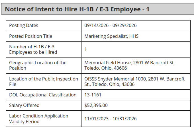 chrisbrunet's tweet photo. The University of Toledo (@UToledo) has filed a notice intent to hire an H-1B Marketing Specialist

Salary: $52,395

Nobody in Ohio was qualified for this job. https://t.co/Lq0xlaElcH