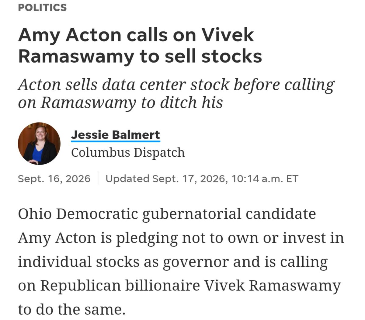 WeWillBeFree24's tweet photo. Vivek Ramaswamy and the Ohio Republican Party launched a full swing defamatory smear campaign on Amy Acton. 

Acton sold all of her data center related holdings in April. 

Her FEC reporting show she divested from her entire personal stock portfolio to fulfill a pledge that she will not own a single individual stock if elected governor. 

Under Ohio Revised Code of Ethics it is disqualifying to hold personal financial interests that you will profit from as Governor. 

• Personal Benefit: Under R.C. 102.03, the governor cannot use an official position to secure anything of value or a personal benefit for themselves, family members, or business associates.

• Public Contracts: Under R.C. 2921.42, public officials are prohibited from authorizing or profiting from a public contract with a business in which they or a family member have a financial interest.

• Illegal Solicitations: Under R.C. 2921.43, the governor cannot accept supplemental compensation or certain gifts tied to their official duties outside of legal allowances.

Now let's do Vivek's holdings and investments that are disqualifying under ORC: 

Fracking/Oil &Gas

• Strive U.S. Energy ETF (DRLL) — he co-founded Strive; personally reported $5–25 million in DRLL (2023)
• Strive American Energy Income Fund (oil/gas/mineral/royalty interval fund filing)
• Strive Inc. (ASST) — large personal + trust stake in the company that launched the energy products.
• Chevron
• Halliburton
• Energy Transfer LP
• DRLL’s energy-stock basket (fund-level, not all personally listed): Exxon Mobil, Valero, Marathon Petroleum, Phillips 66, ConocoPhillips, Devon, EOG, Occidental, Diamondback, and other U.S. oil/gas names

Data centers / AI infrastructure / related energy demand: 

• NVIDIA (direct)
• Strive U.S. Semiconductor ETF (SHOC) — $1–5 million reported in 2023; ~20% • • NVIDIA, also Intel
• Microsoft (reported dividends; ~$2.7 million estimated in one analysis)
• Amazon
• Apple
• Prologis
• Plymouth Industrial REIT
• Rexford Industrial Realty
• Terreno Realty
• NYLI CBRE Global Infrastructure •Megatrends Term Fund (MEGI)
• Bitcoin (personal)
• Ethereum (personal)
• Strive Inc. Bitcoin treasury (company-level BTC holdings; he is a major shareholder)

Vivek is clad to his billionaire investors and investments. PACS. He has no intention of selling. The ORP put up a candidate that isn't qualified under Ohio law.