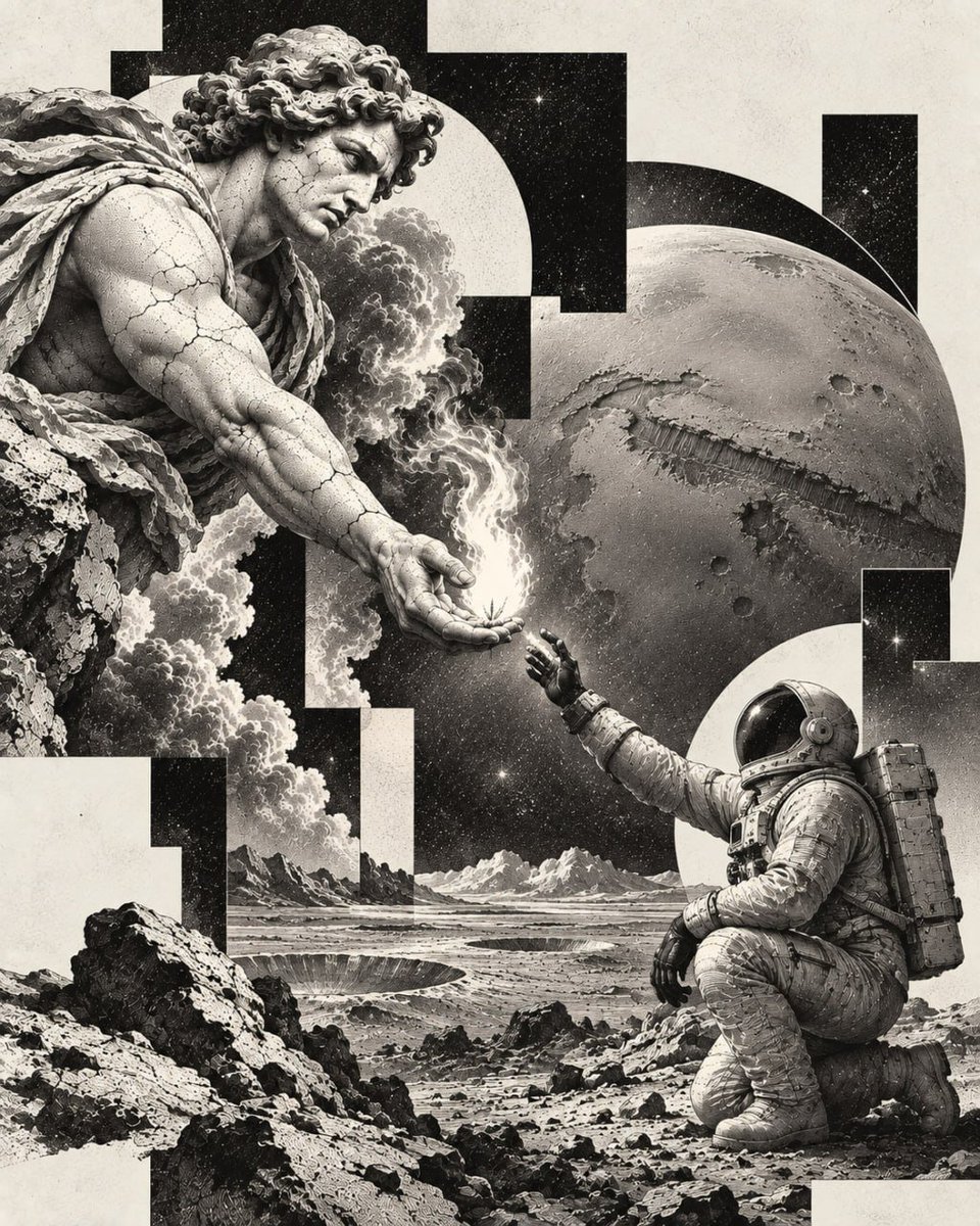 LongPrometheus's tweet photo. One day people are going to look at Prometheus standing beside Starship and wonder how the symbolism was ever ignored.

The Titan who gave humanity fire.

The rocket meant to carry that fire to another world.

This story practically writes itself.

$PROMETHEUS https://t.co/mcOzcHMbBJ