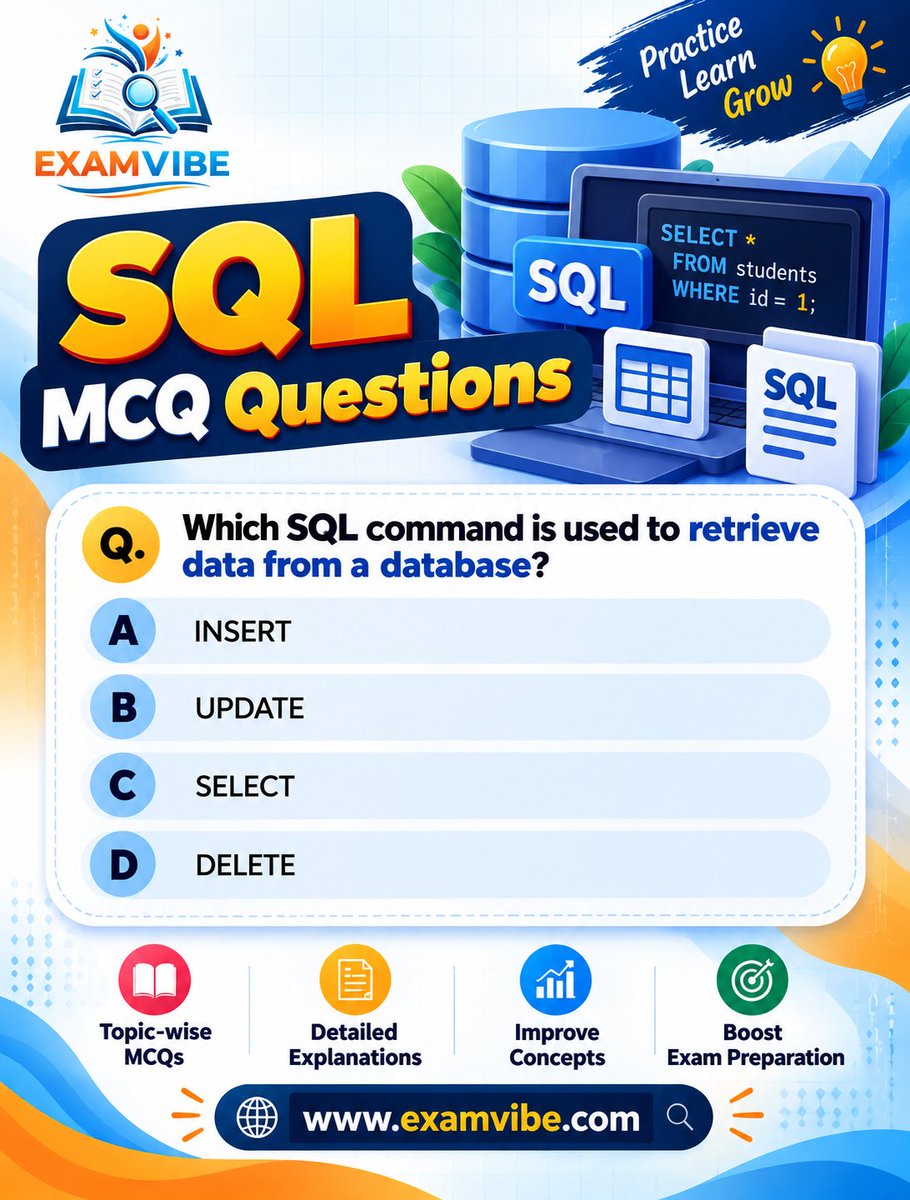 examvibee's tweet photo. 💻 SQL MCQ Questions
Practice now : https://t.co/sQVDhn7pMW
 #SQLMCQ #SQLQuestions #Database #DBMS #DBMSMCQ #ComputerScience #Programming #Coding #MCQ #MCQQuestions #InterviewPreparation #ExamPreparation #CompetitiveExams #ExamVibe #LearnSQL #SQLPractice https://t.co/MEs5pQqPcb