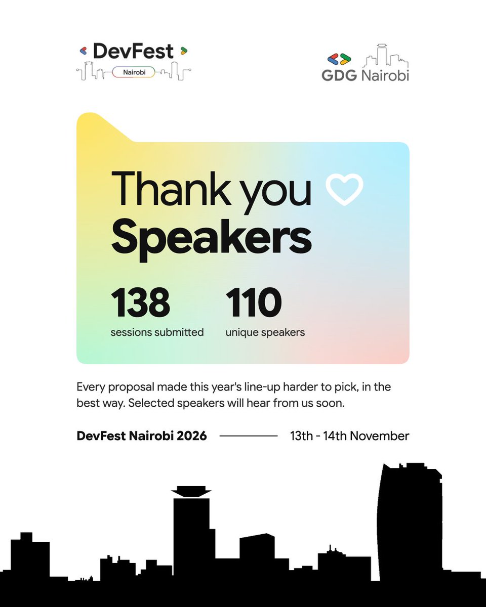 GDG_Nairobi's tweet photo. 💥 138 sessions submitted. 110 world-class speakers are stepping up to share their knowledge.

To every developer, engineer, designer, and tech founder who took the time to submit a proposal for #DevFestNairobi 2026, THANK YOU! 🙌🫶

Seeing this level of passion, expertise, and willingness to share knowledge is what makes our ecosystem so powerful. Every submission made our selection committee’s job significantly tougher, but the final lineup is going to be something truly special.

🛠️ Reviewing is actively underway. Stay tuned and check your inboxes - updates and final decisions will be sent out shortly!