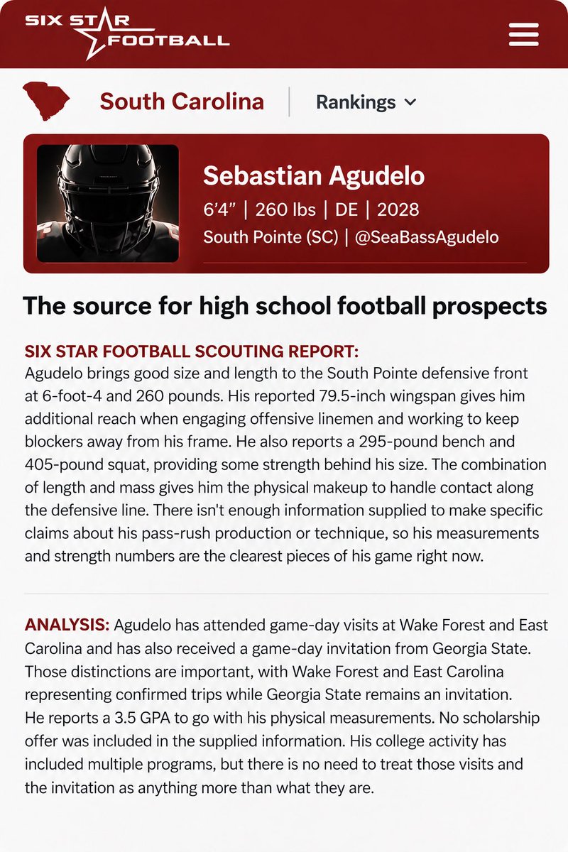 SeaBassAgudelo's tweet photo. ⭐️ Blessed to be featured by @sixstarfootball!

Appreciate the recognition and scouting report. The work continues! 💪🏽

6’4” | 260 | DE/DT | 2028
South Pointe HS (SC) 🐎

@southpointeFBSC @PlayBookAthlete @Level99Training

#AGTG #RecruitSC #ClassOf2028 https://t.co/oxyoPVg2Xr