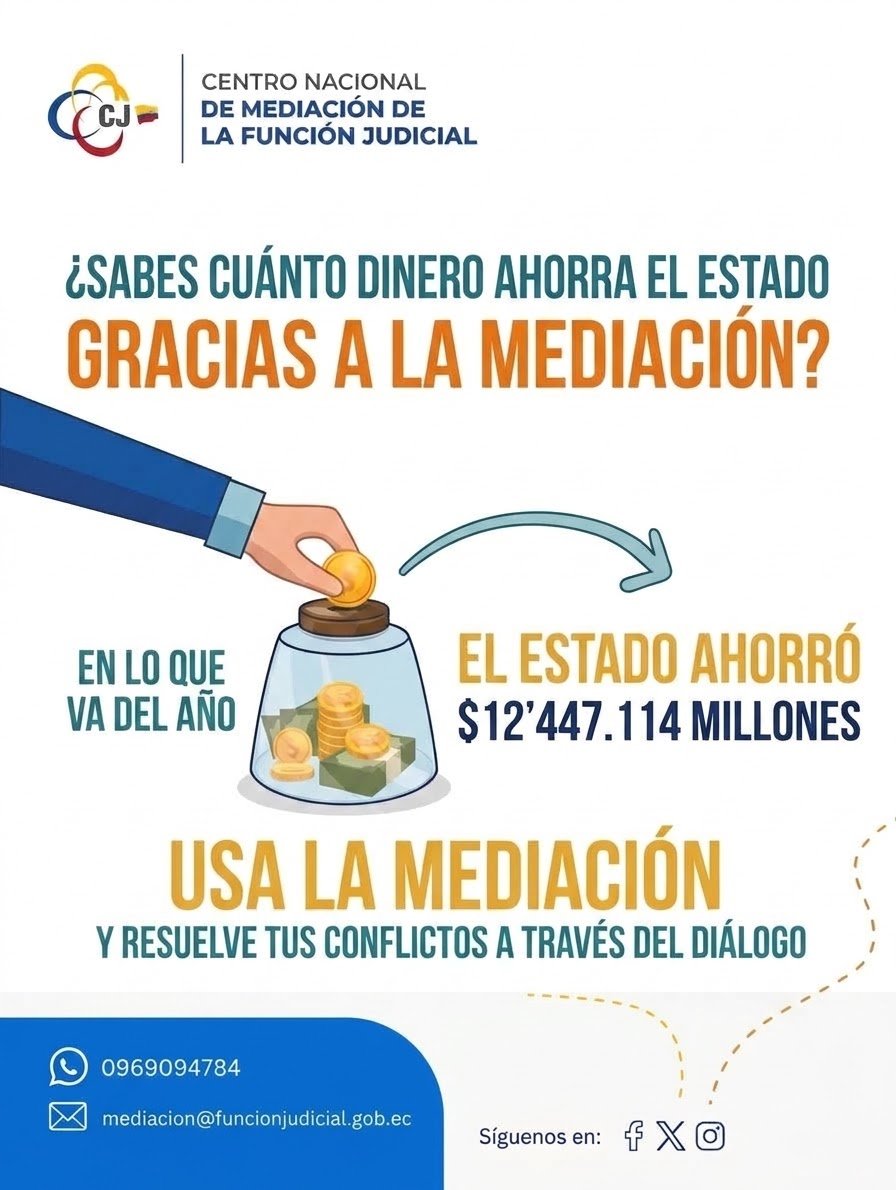MediacionCJ's tweet photo. 📢 | #Mediación: ahorro y eficiencia para el país

​¿Sabías cuánto dinero ahorra el Estado gracias a la mediación? 💰⚖️

​En lo que va del año, la mediación ha permitido un ahorro de $12'447.114 millones. Este proceso no solo optimiza los recursos públicos, sino que ofrece una solución rápida y pacífica para la ciudadanía.  

​✅ Ahorro significativo de recursos públicos
✅ Evita procesos judiciales prolongados
✅ Solución ágil y pacífica mediante el diálogo  

​¡Usa la mediación y resuelve tus conflictos a través del diálogo! 🤝

​#Mediación #ResuelveConflictos #ConstruyeSoluciones #FunciónJudicial