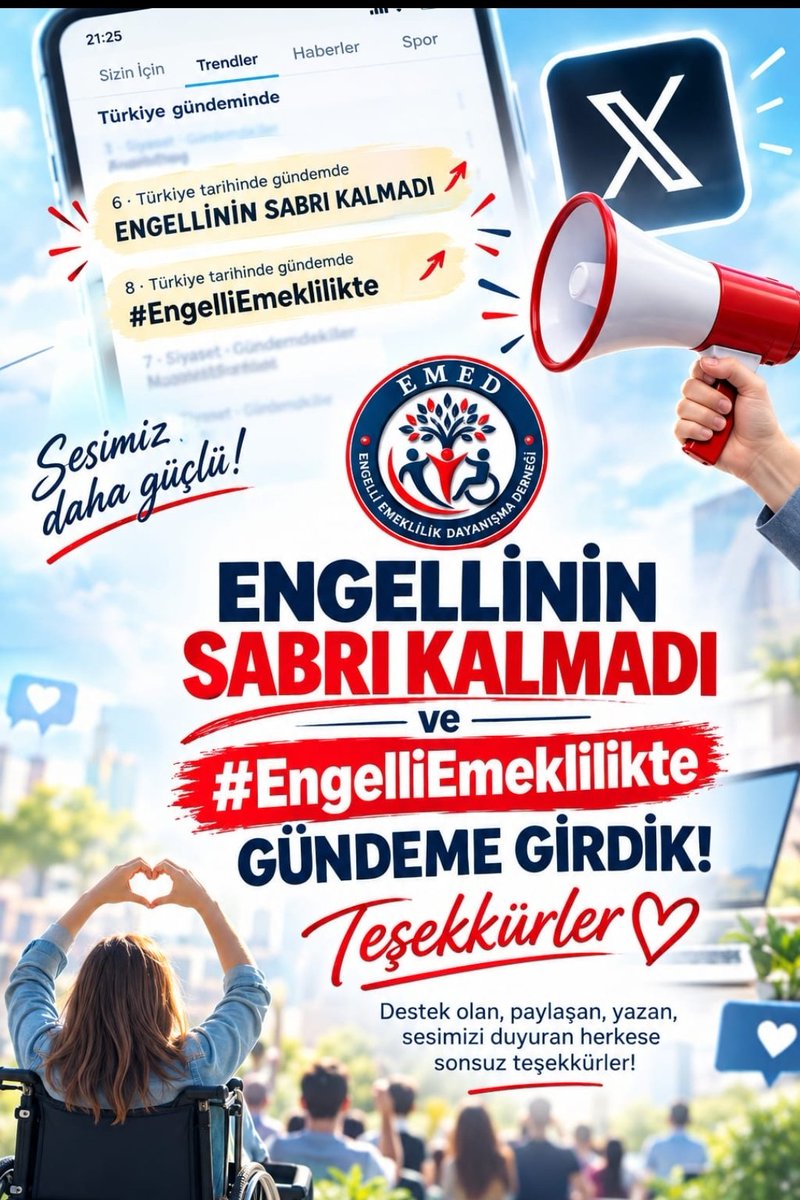 emeddernegi's tweet photo. 🎉 GÜNDEME GİRDİK!

Bugün birlikte sesimizi yükselttik ve #EngelliEmeklilikte Türkiye gündeminde yerimizi aldık. 🇹🇷
Bu başarı; paylaşan, yazan, etkileşim veren ve sesimize ses katan herkesin emeği. ❤️
Desteğini esirgemeyen herkese teşekkür ediyoruz.
Sesimiz daha da güçlü çıkacak!
Engellinin Sabrı Kalmadı! ✊