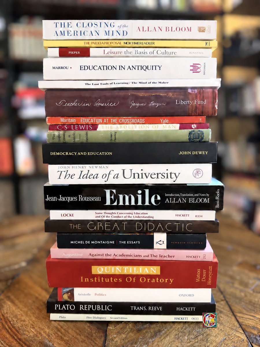 CultivatedBooks's tweet photo. Everyone thinks education is about earning a degree.

It’s not.

20 books on what a good education 
should accomplish.

1. Meno, Plato
Can virtue be taught?

2. Republic (Books II–VII), Plato
What should education aim at?

3. Politics (Book VIII), Aristotle 
What should citizens be educated for?

4. Institutes of Oratory, Quintilian
What does an education look like for an orator? 

5. De Magistro, Augustine
What is the teacher’s role in helping a student learn?

6. "On the Education of Children," 
Michel de Montaigne 
Why is the goal of education to form thinkers?

7. The Great Didactic, John Amos Comenius
What should be taught to everyone, and how?

8. Some Thoughts Concerning Education, John Locke 
What habits should education form?

9. Émile, Rousseau 
How should children be educated?

10. The Idea of a University, John Henry Newman 
What does higher education aim at?

11. Democracy and Education, John Dewey 
What should be the relationship between education and society?

12. The Higher Learning in America, Robert Maynard Hutchins
What should a university education be for?

13. The Abolition of Man, C. S. Lewis 
What happens when education abandons objective values?

14. Education at the Crossroads, Jacques Maritain 
How should a liberal education shape man?

15. Teacher in America, Jacques Barzun
What are teachers supposed to do?

16. "The Lost Tools of Learning," Dorothy Sayers 
Are we teaching the right things the right way?

17. A History of Education in Antiquity, H. I. Marrou, 
What did Greek and Roman education look like?

18. Leisure: The Basis of Culture, Josef Pieper 
Is education more than preparation for work?

19. The Paideia Proposal, Mortimer Adler 
What is the best education for all?

20. The Closing of the American Mind, Allan Bloom
What has gone wrong with university education?

tolle lege