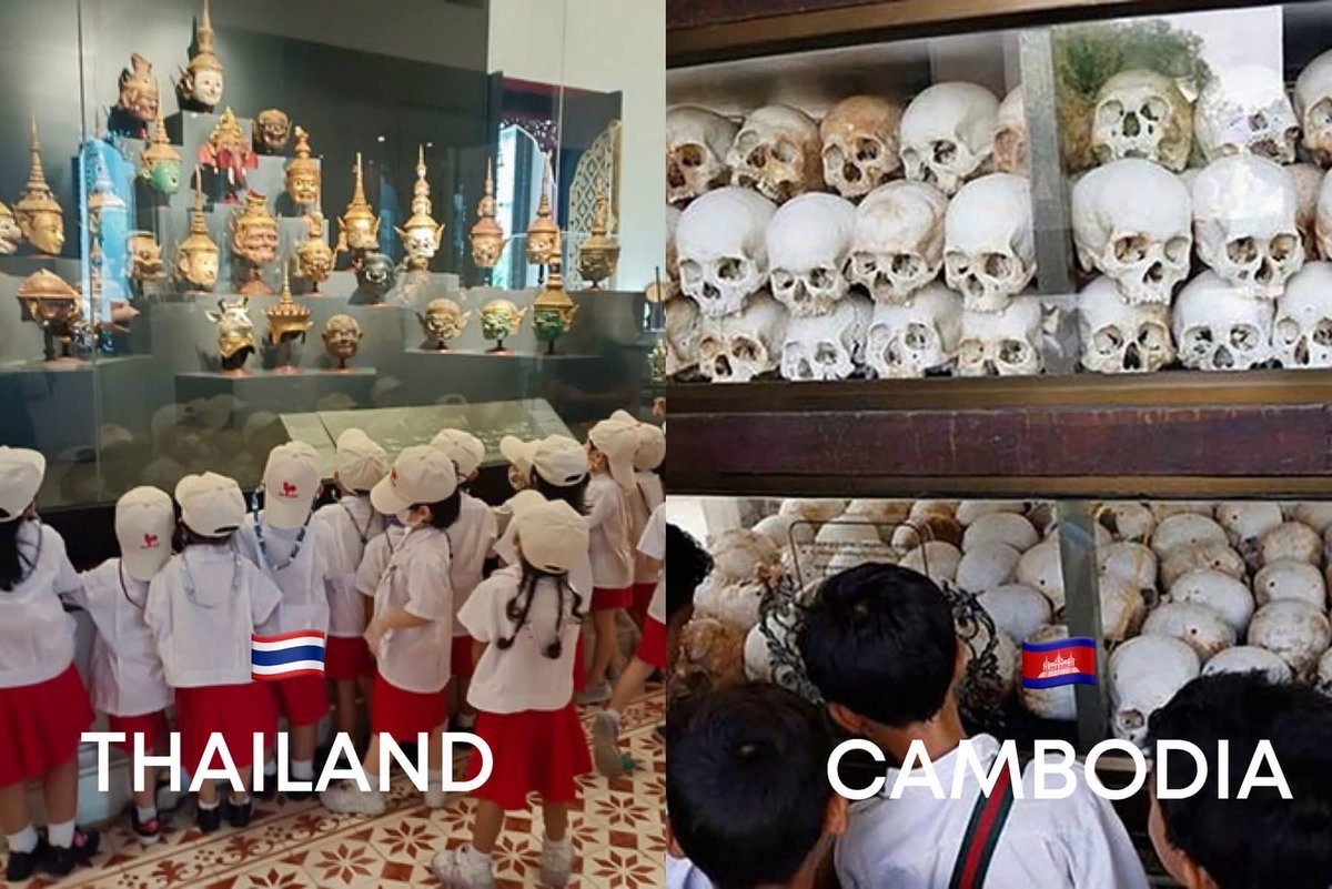 Thaidefend's tweet photo. 🇹🇭vs🇰🇭 museum field trip 
#Thailand cultural museum and learning center.  Cambodia has #S21 พิพิธภัณฑ์การฆ่าล้างเผ่าพันธ์ุทูลแสลง (เขมร: សារមន្ទីរឧក្រិដ្ឋកម្មប្រល័យពូជសាសន៍ទួលស្លែង #TuolSleng Genocide Museum) หรือ ทูลแสลง #khmerrouge https://t.co/tumDikcXpa