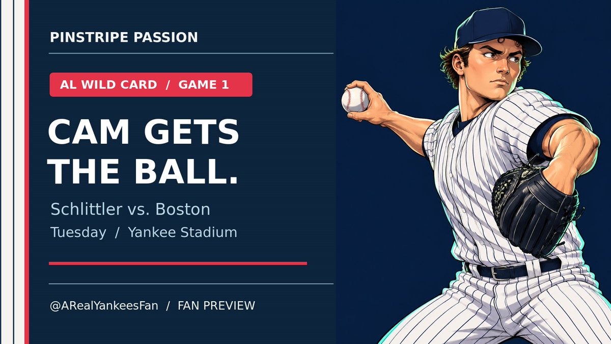 ARealYankeesFan's tweet photo. Cam gets the ball. Boston gets the Bronx. ��⚾🔥

Schlittler starts Game 1 of the AL Wild Card on Tuesday at Yankee Stadium. October lights, Bronx crowd. Go set the tone, Cam. 🗽💪

#RepBX #Yankees #Postseason #ALWildCard https://t.co/tOVZc1wCTx