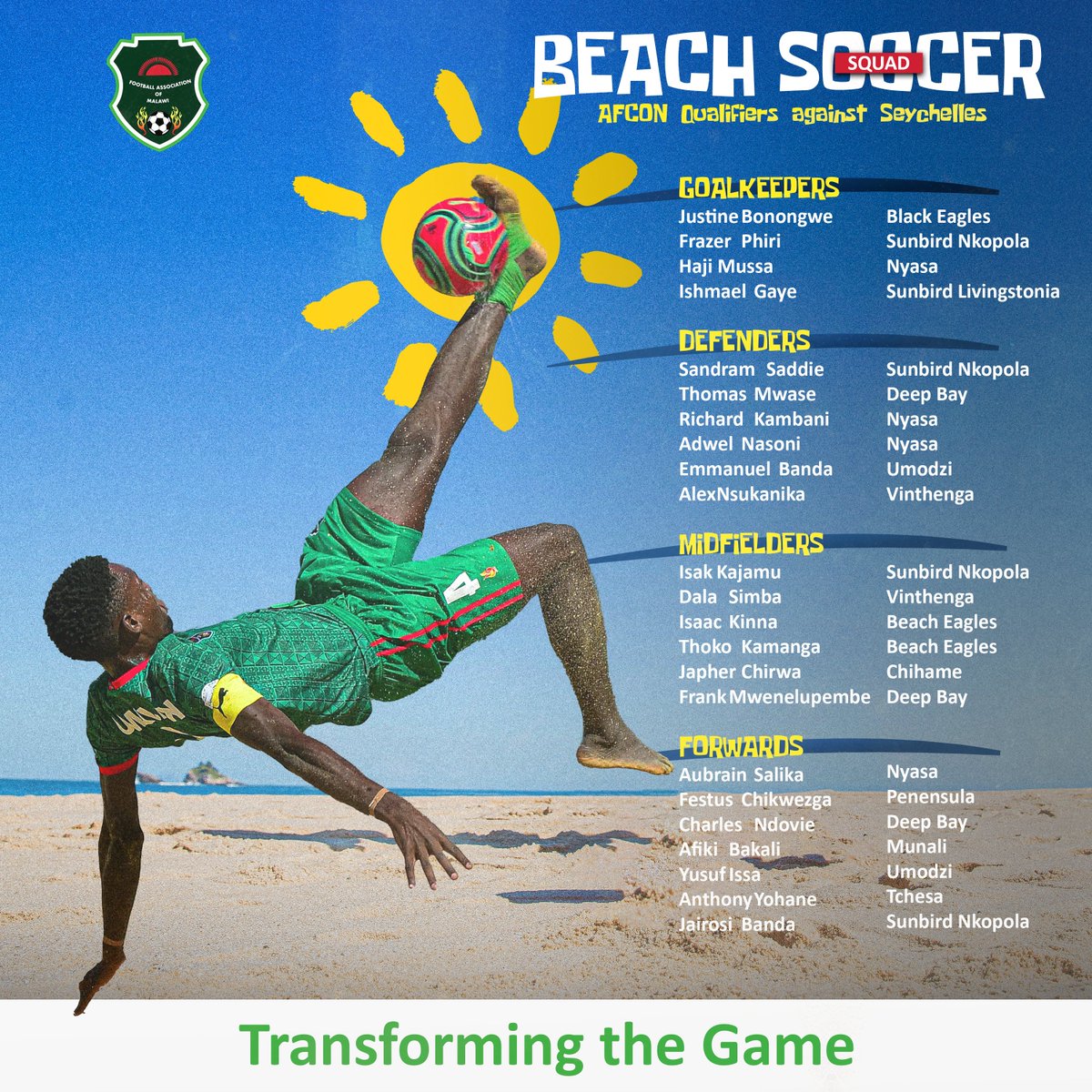 FaMalawi's tweet photo. Malawi National Beach Soccer Team head coach Willy Kumilambe has named a 23-member squad ahead of the Beach Soccer Africa Cup of Nations qualifiers against Seychelles.

Read More: https://t.co/4ujnVBpsXe https://t.co/pHrPW9ib84