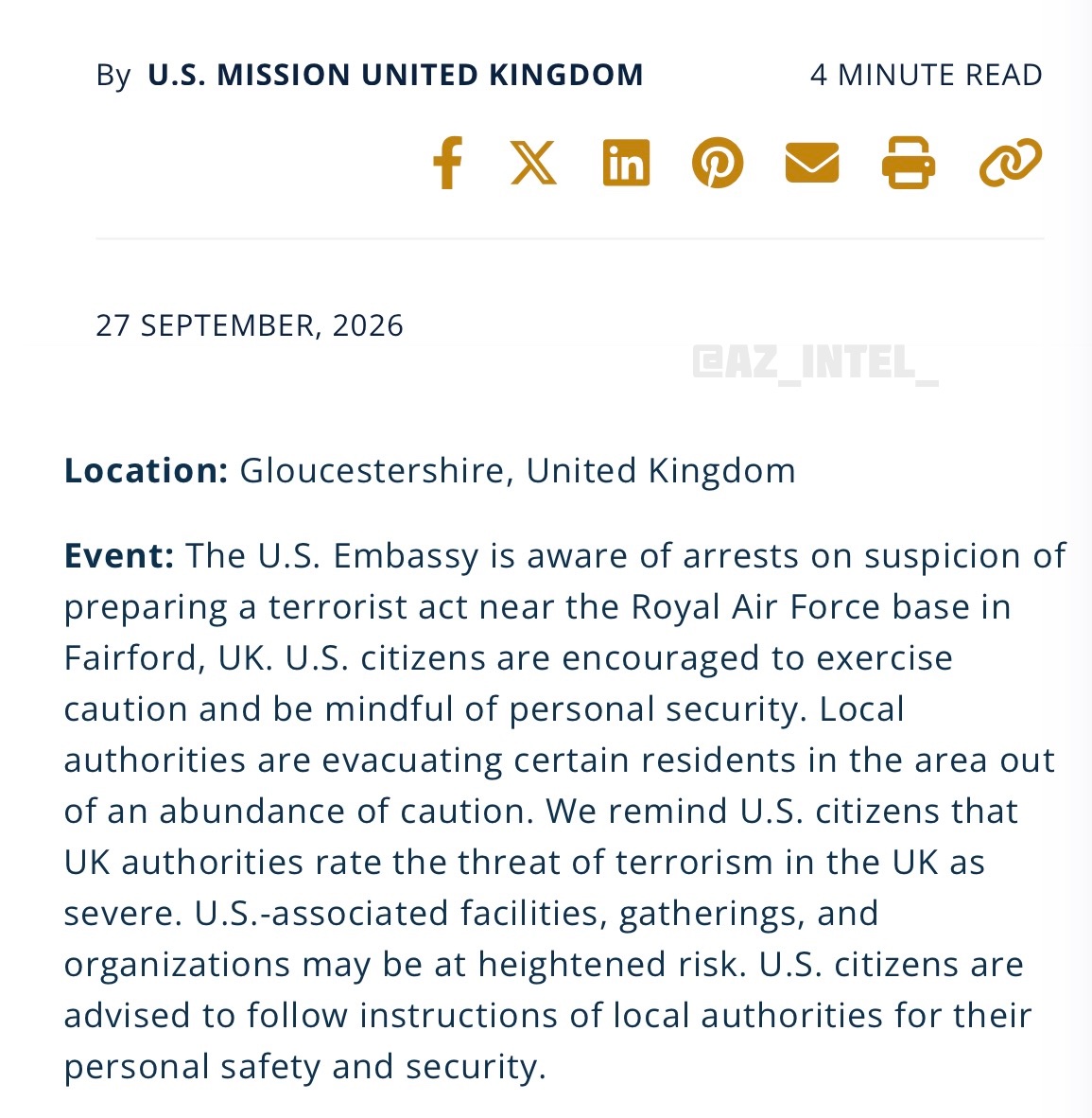 U.S. Embassy issues statement on suspected bomb plot at RAF Fairford