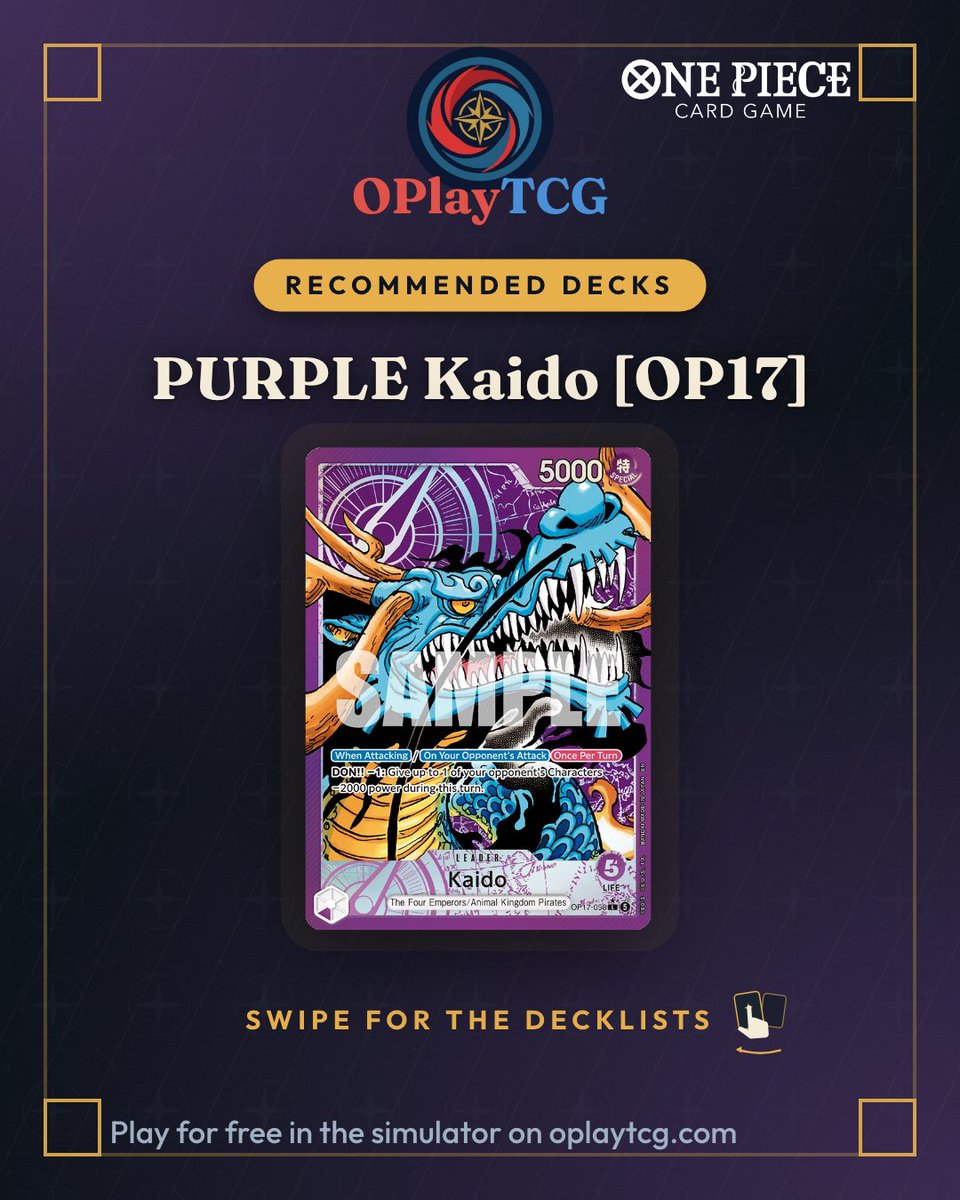 OPlayTCG's tweet photo. Recommended decks for Kaido (OP17): 3 real lists winning in ranked on OPlayTCG. Swipe for the decklists and play for free at https://t.co/pmjuVXlZoS
#OnePieceCardGame #OPTCG #OPlayTCG https://t.co/euv2eIAm58
