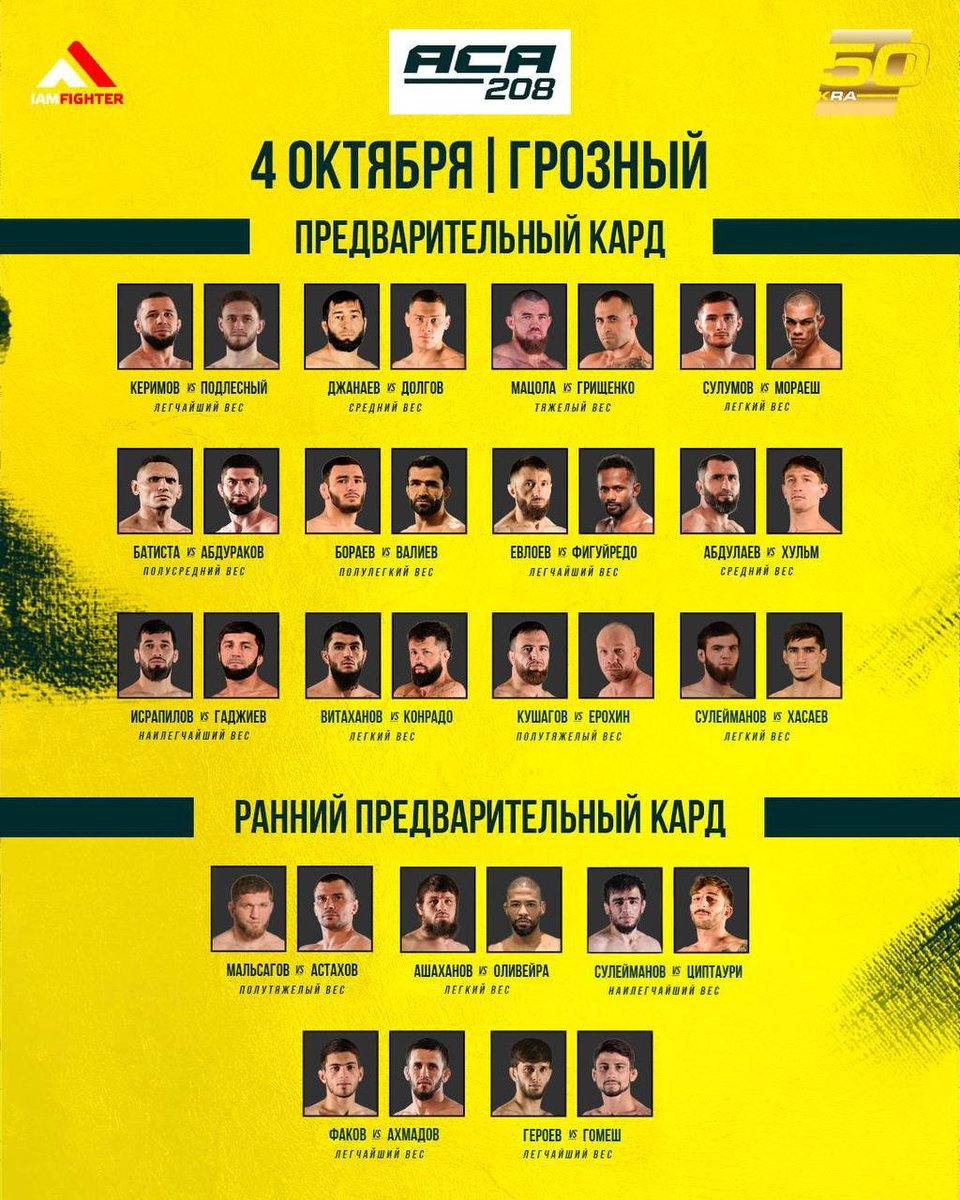 VestnikMMA's tweet photo. Кард турнира #ACA208 который пройдет 4 октября в Грозном. https://t.co/Y3rAjB598K