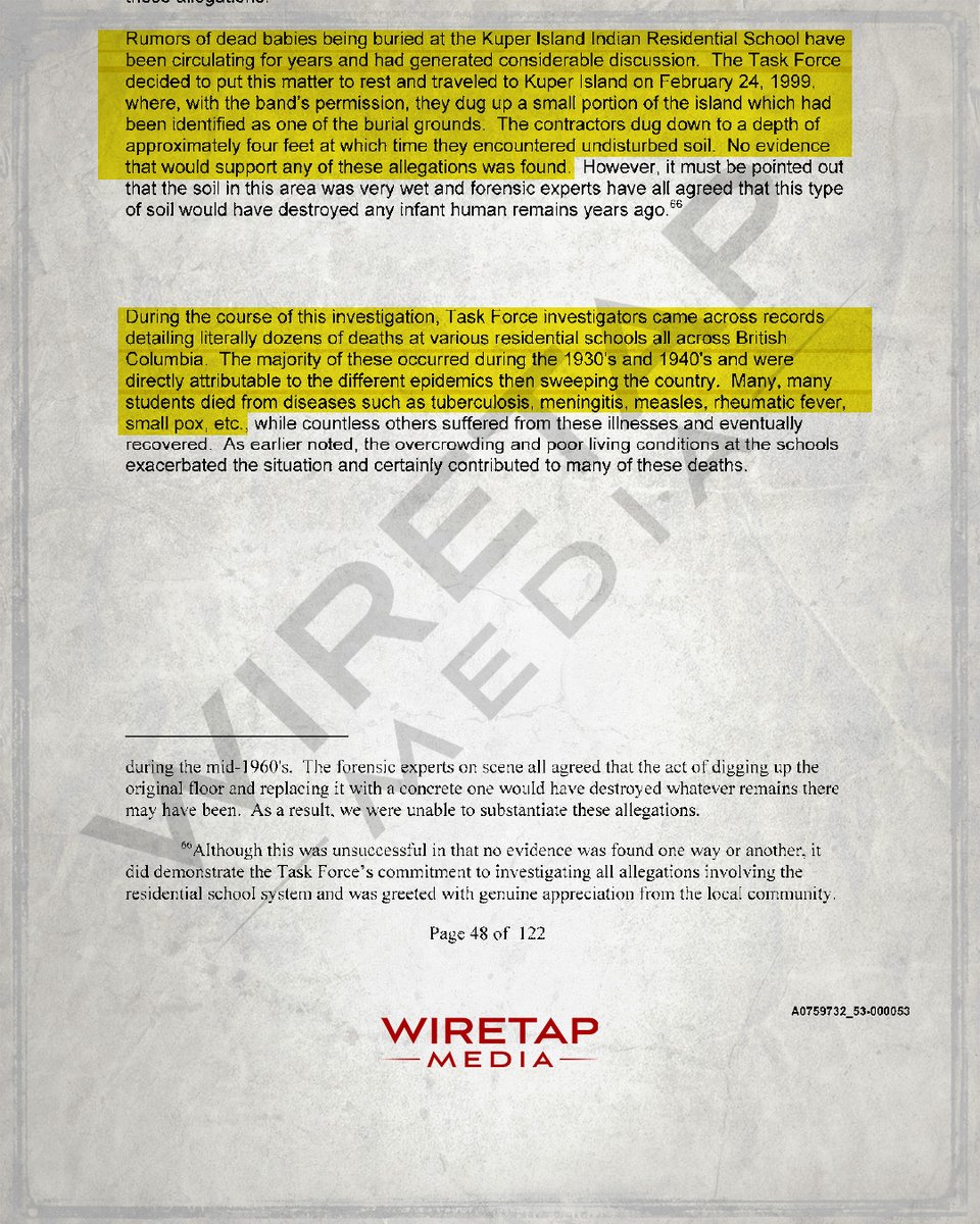 WiretapMediaCa's tweet photo. 💥NEW REPORT: The Forgotten RCMP Report That Challenges Canada's Reconciliation Story

The 2003 RCMP report found B.C. secret-burial claims, turned up NO EVIDENCE and recorded most deaths from disease. Kamloops logged  79 assault complainants—not 215 hidden graves.

Between 1995 and 2003, the RCMP "E" Division conducted Project E-NIRS—the only province-wide criminal investigation of its kind into allegations at British Columbia's 15 residential schools. Corporal M.W. Pacholuk authored the final report, which examined every allegation of physical and sexual abuse, along with unlawful and suspicious deaths.

The task force didn't just investigate rumours—they physically tested them. On February 24, 1999, with the band's permission, they went to Kuper Island, where stories of dead babies buried there had circulated for years. Investigators dug up suspected burial sites and found no evidence that would support any of these allegations.
