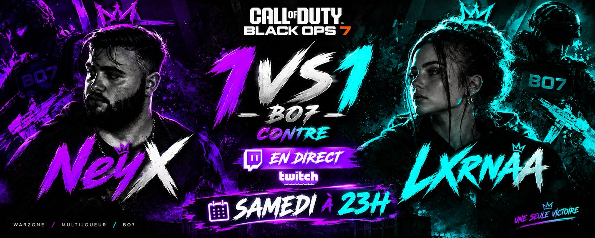 neyneytvt's tweet photo. ⚔️ 1VS1 BO7 — LE DUEL EST LANCÉ ⚔️

La House of Elite vous donne rendez-vous pour un affrontement qui promet d’être intense.
NEYX 🆚 LXRΝAA

Call of Duty: Black Ops 7
Format : 1VS1 — BO7 / 8 manches

Samedi
⏰ 23H00
🟣 EN DIRECT SUR TWITCH https://t.co/tRZpAKLrW4