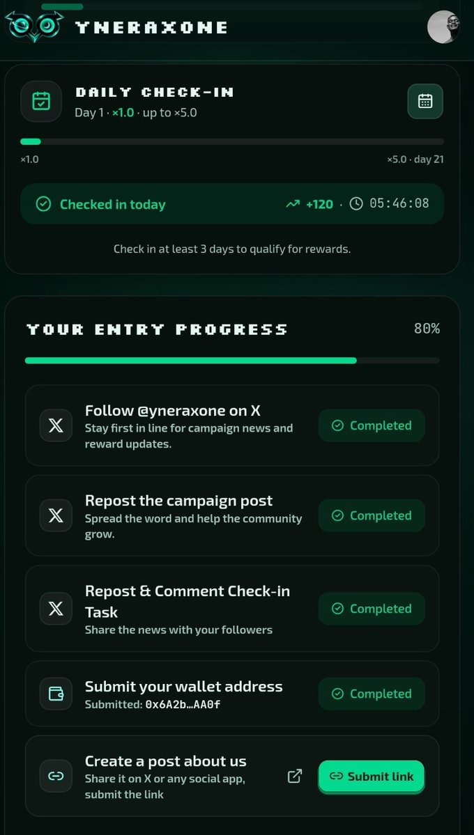 EmmanuelMa60597's tweet photo. π Exploring the YneraX One campaign!
Completing tasks, staying active, and looking forward to whatβs ahead. π₯
Join the journey with @yneraxone β‘
#YneraX #YNX #Crypto #Web3 https://t.co/44yx23H9JL