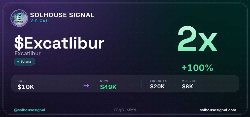 solhousesignals's tweet photo. $EXCATLIBUR (Excatlibur) doubled ๐ฐ
๐ MC: $49.0K | Liq: $19.9K
๐ต Vol 24h: $7.6K
๐ Buys/Sells: 61 / 46
๐ CA:
D8qiGA5eSA2E3JNyM89J5Qu9YJzWFYMZBFysXWgtJRYd
๐ค Full scan + chart โ link in bio
#Excatlibur #solhousesignal #pump #web3 #solanagem https://t.co/gIh84Fd7Rm