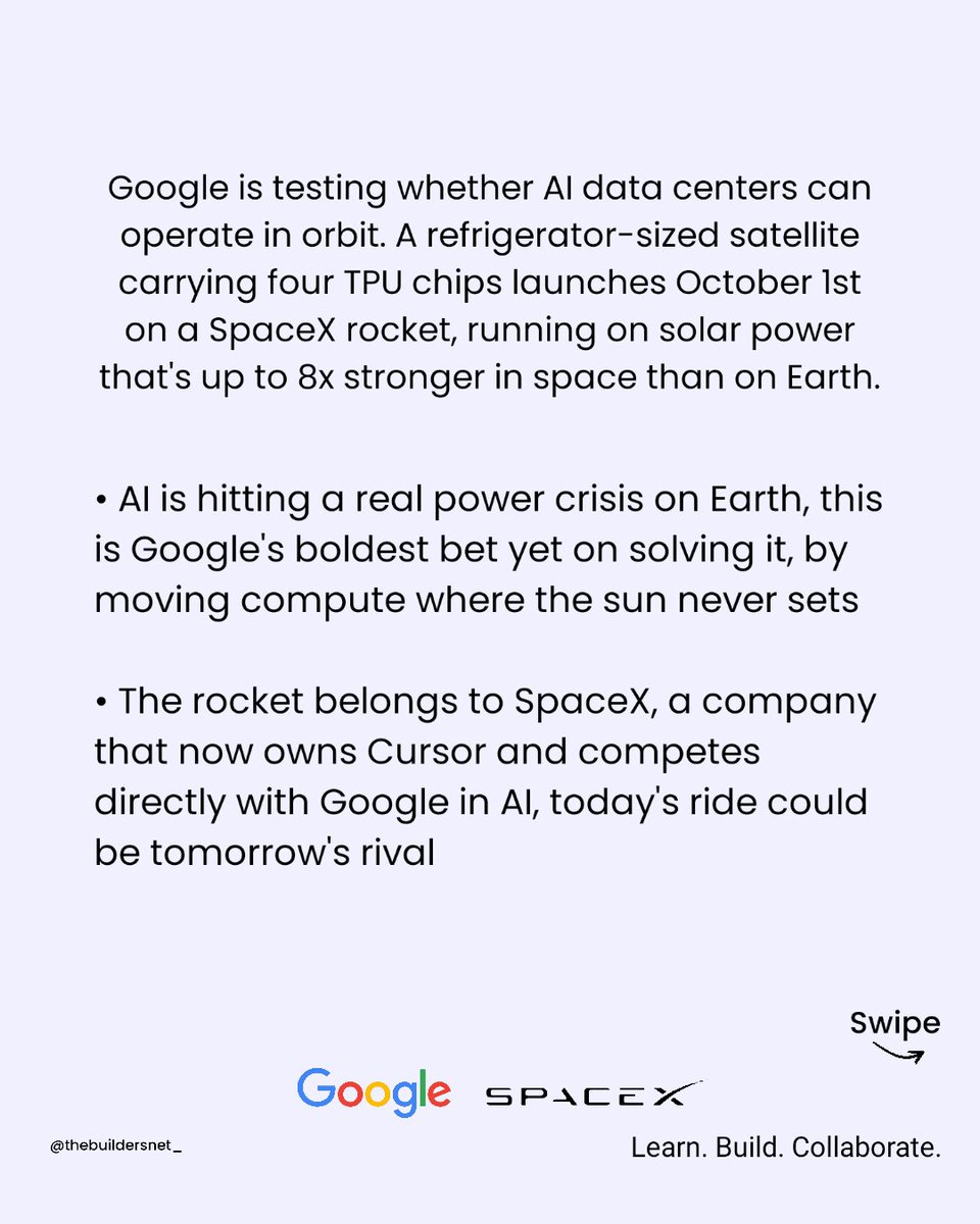 thebuildersnet_'s tweet photo. Google just launched AI chips into space.
On a SpaceX rocket.
4 TPUs. October 1st. Testing if AI data centers can run in orbit.
Solar power up there is 8x stronger than Earth.
The twist? SpaceX owns Cursor and competes with Google in AI.
@Google @SpaceX https://t.co/JlO94oD2u5
