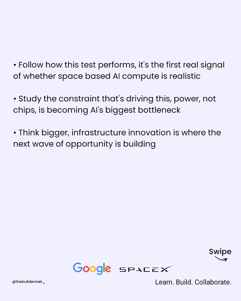 thebuildersnet_'s tweet photo. Google just launched AI chips into space.
On a SpaceX rocket.
4 TPUs. October 1st. Testing if AI data centers can run in orbit.
Solar power up there is 8x stronger than Earth.
The twist? SpaceX owns Cursor and competes with Google in AI.
@Google @SpaceX https://t.co/JlO94oD2u5