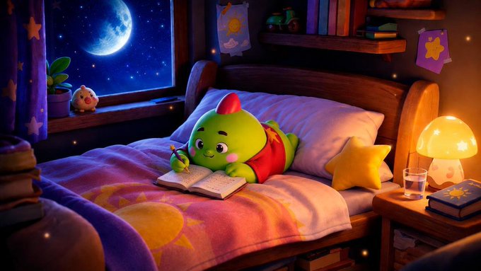 A cute green cartoon dragon with a red spike lies on a cozy bed under colorful blankets, writing in a notebook under warm lamp light while a crescent moon shines through the window.