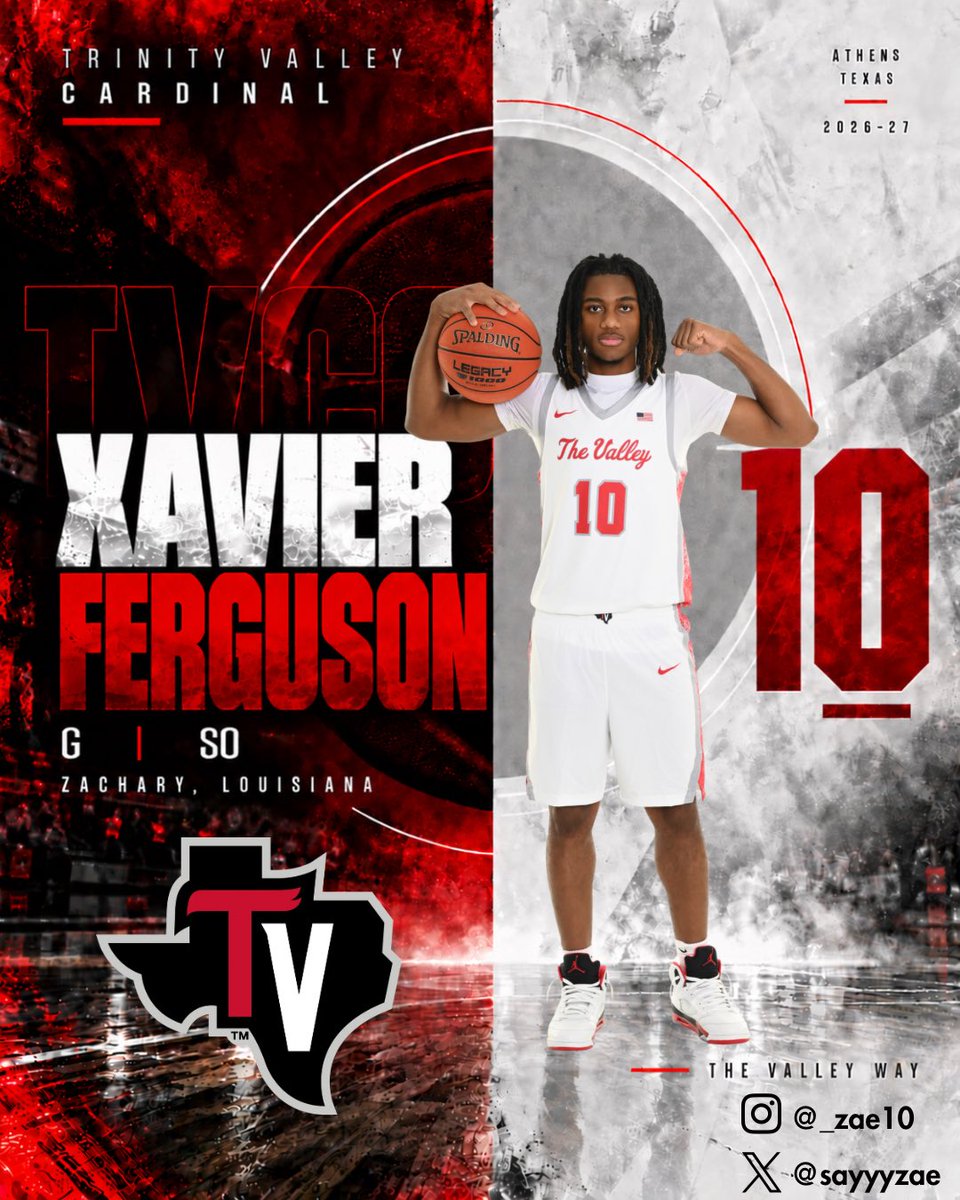 THEVALLEYMBB's tweet photo. FOLLOW THE CARDINALS🔴⚫️

Meet your 2026–27 Trinity Valley Cardinals.

Xavier Ferguson @sayyyzae 📍
G | Sophomore
 Zachary, Louisiana 

Get to know the players who will be representing The Valley this season and show them some love by giving them a follow! https://t.co/YhgyY1jnfT