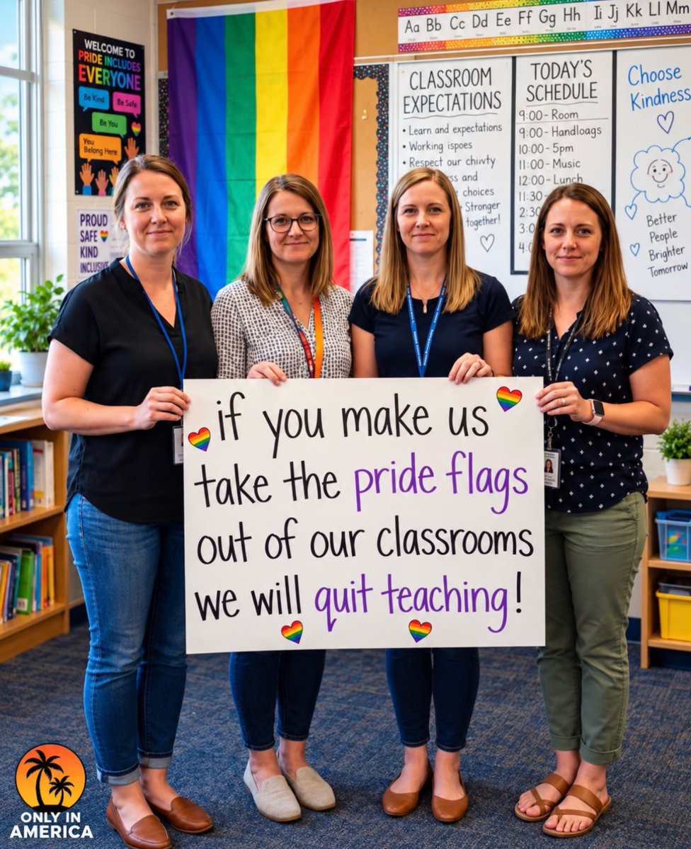 Evelyn001d's tweet photo. Teachers say they’ll quit if Pride flags are removed from classrooms. https://t.co/AwKgPmrLXe