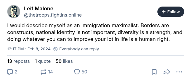 libs_talking_2's tweet photo. @MAGAlwr5 @MattFinnFNC Immigration maximalist. Borders are constructs. https://t.co/5BtYu980u5