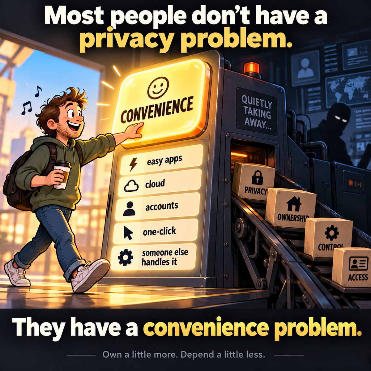 Sovereigntyinit's tweet photo. Most people don’t have a privacy problem.

They have a convenience problem.

We traded control for apps that were easier.
Ownership for subscriptions.
Local storage for the cloud.
Cash for accounts.
Self-custody for “someone else will handle it.”

And honestly, I understand why.

Convenience is powerful.

But every once in a while, it’s worth asking:

If the service disappeared tomorrow, what would you lose access to?

That question changed the way I think about technology.

Now I try to build my digital life so fewer things depend on someone else giving me permission.

Not perfectly.

Just a little more each year.

That idea eventually became the foundation for The Sovereignty Project, but the bigger point is this:

You don’t need to unplug from society.

Just start owning a little more of the infrastructure your life depends on.