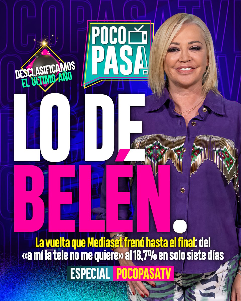 Pocopasatv's tweet photo. Lo de Belén Esteban en Mediaset y todo lo que ha pasado en los últimos tiempos dentro y fuera de la cadena. (Lo vais a captar todo. Lo sabemos 😜)

Una vuelta deseada por unos y frenada por otros hasta el último minuto: de «la tele no me quiere» al 18,7% de #DeViernes en 7 días. https://t.co/Urw25UCG9s