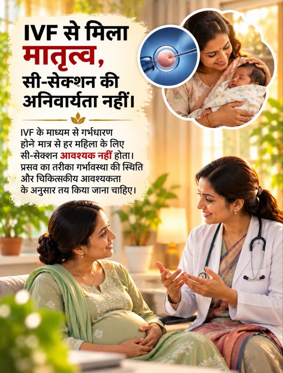 makarandmsgs's tweet photo. IVF के बाद क्या हमेशा C-Section ही अनिवार्य होता है? केवल IVF होने से सर्जरी ज़रूरी नहीं हो जाती। अंतिम निर्णय हमेशा माँ और बच्चे की स्वास्थ्य स्थिति पर निर्भर करता है। सही जानकारी के साथ निर्णय लेने के लिए प्रेरित करें। #मातृत्व_जागरूकता सुप्रसव अभियान। https://t.co/mDyWdHFqWv