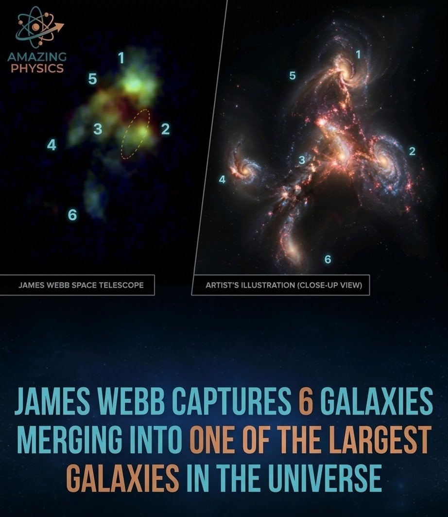 amazing_physics's tweet photo. SIX GALAXIES… BECOMING ONE 🌌

JWST has captured an extraordinary scene from the early universe: six ancient galaxies merging inside a region smaller than the Milky Way.

Their light traveled nearly 12 billion years to reach us, showing the universe when it was only about 1.8 billion years old.

Together, these galaxies contain hundreds of billions of stars and are forming new stars at an incredible rate—up to 163 stars every year, compared with just 1–2 in the Milky Way.

At the center, a young supermassive black hole is growing alongside them.

We are witnessing the construction of a cosmic giant—billions of years in the making. 🌌

The universe is constantly changing, colliding, merging, and creating something new.

We may be tiny compared with the cosmos, but we can still look back billions of years and understand its story.