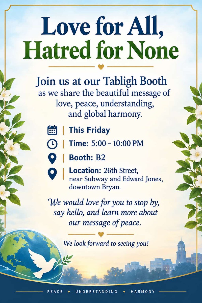 AHMAD4PEACE's tweet photo. Stop by to learn about the beautiful message of love, peace, understanding and global harmony. https://t.co/VIiJZ8m9sL