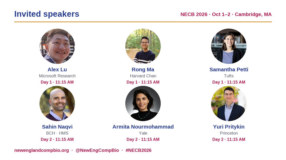 NewEngCompBio's tweet photo. Invited talks at #NECB2026:
• Day 1: Alex Lu (Microsoft Research), Rong Ma (Harvard Chan), Samantha Petti (Tufts)
• Day 2: Sahin Naqvi (BCH · HMS), Armita Nourmohammad (Yale), Yuri Pritykin (Princeton)

See you on Thursday! https://t.co/yDTbRb92zu