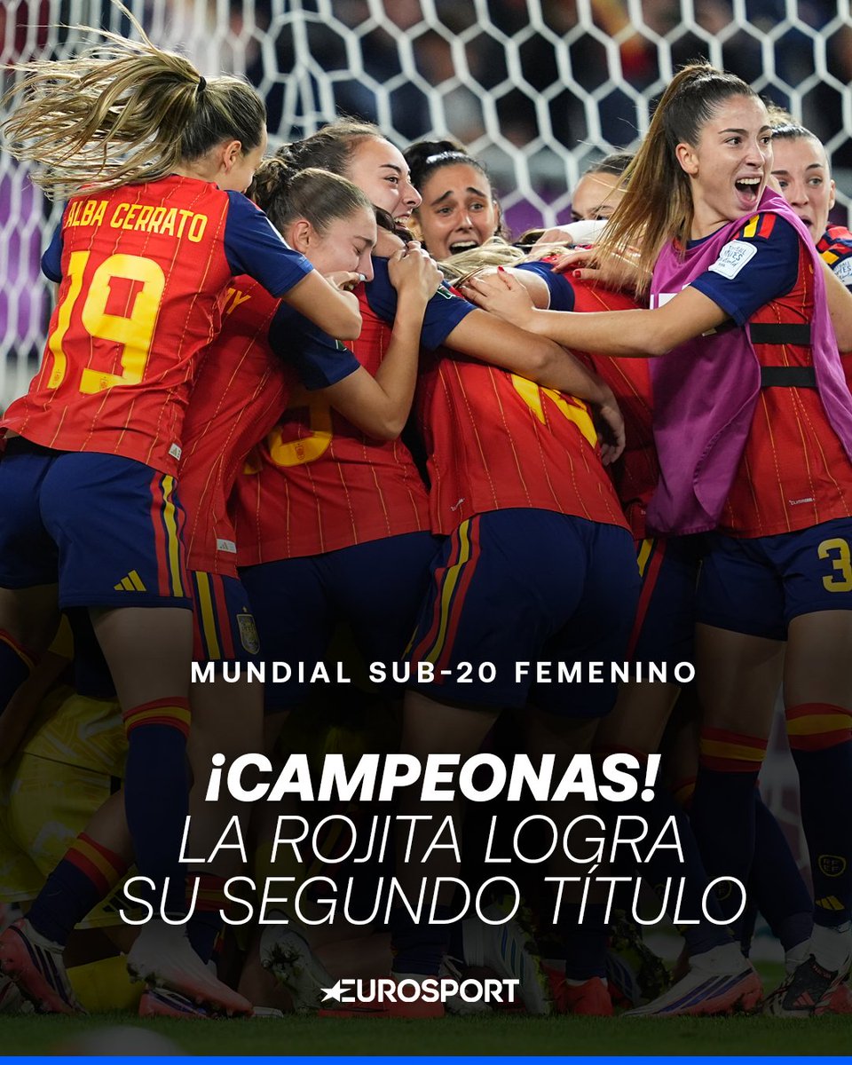 Eurosport_ES's tweet photo. ¡¡CAMPEONAS DEL MUNDO!! 🇪🇸🇪🇸🇪🇸 🏆

España gana su segundo Mundial sub-20 femenino tras doblegar a Corea del Norte en los penaltis con la guardameta Laia López como heroína 👏

📷 Getty Images https://t.co/xtBoFgrwVe