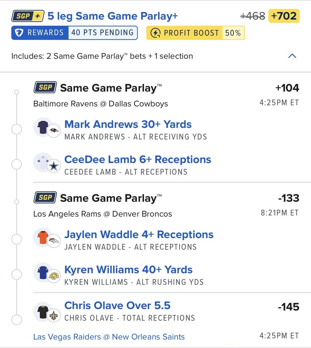 propnosis's tweet photo. 🚨 FanDuel 50% Boost

Today’s 5-leg 🎯

Andrews 30+ receiving
CeeDee 6+ receptions
Waddle 4+ receptions
Kyren 40+ rushing
Olave O5.5 receptions

+702 with the boost. Let’s work! https://t.co/tWD3MnHYaf