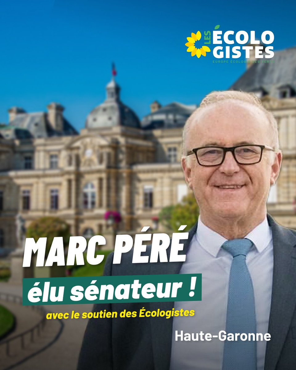 EELV's tweet photo. Un nouveau sénateur rejoint le groupe écologiste au Sénat !

Bravo et bienvenue à Marc Péré, élu en Haute-Garonne sur une liste d'union de la gauche, et soutenu par les Écologistes 🌻

Cette victoire est une leçon : l'union est nécessaire pour faire gagner nos idées. https://t.co/llZosDg4yg