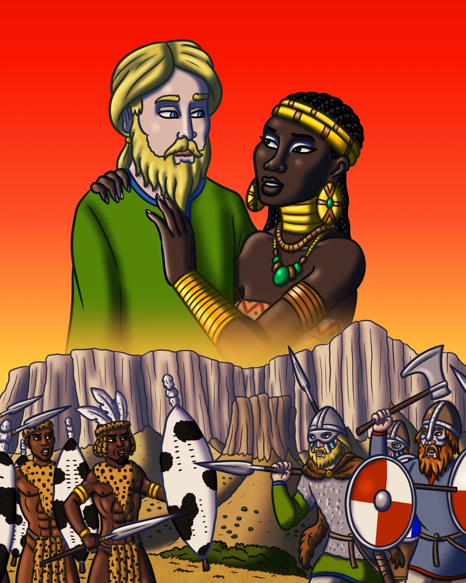 BrandonPilcher's tweet photo. And it's done! I wanted it to look like a movie poster or romance novel cover artwork. #fantasy #vikings #zulu #interraciallove #artㅤㅤㅤㅤ https://t.co/oiQRP2ggrf