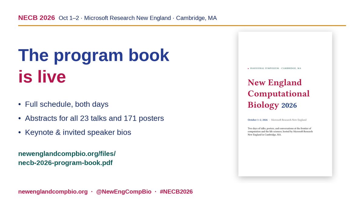 NewEngCompBio's tweet photo. The #NECB2026 program book is live! Schedule, abstracts for all talks and posters, speaker bios.

Download it before Thursday: https://t.co/em8LCkYe4W https://t.co/DyNNXssNF1