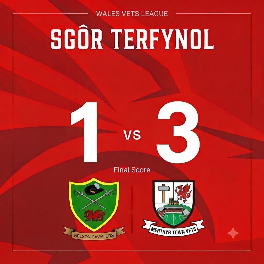 NelsonCavsVets's tweet photo. Full Time in the @WalesVets O50's League

Nelson Cavaliers 1 - 3 Merthyr Town 

Scorer -

⚽ Mcilwee.J '70

Not the result we wanted today. Credit to Merthyr Town Vets on the win. We’ll regroup and come back stronger for the next one 🔴⚫⚔️
#UpTheCavs https://t.co/tDlLP64gdJ