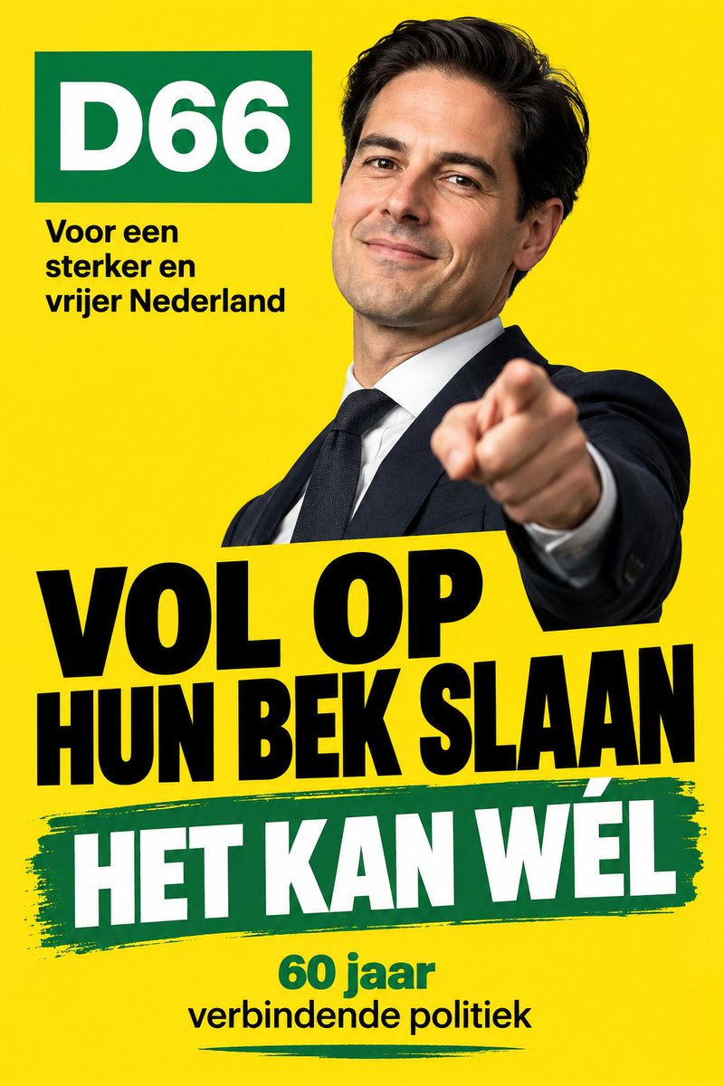 Symphony_res's tweet photo. 60 jaar D66. 🎉

Ooit begonnen met democratische vernieuwing, inmiddels aangekomen bij:

“WE GAAN ZE VOL OP HUN BEK SLAAN!” 🥊

En de zaal natuurlijk volledig uit zijn plaat. Mensen op de stoelen, confetti uit de ventilatie, iemand probeert een statafel te wurgen en achterin wordt alvast de EHBO-post ingericht.