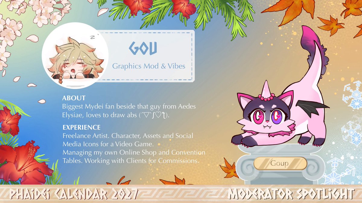PhaideiCal2027's tweet photo. Our dear Friends of Mydei and Phainon!

Let us introduce to you our second mod of our wonderful team for this PhaiDei Calender Project 2027!

@Gou_u3u !

And her mischievous Chimera-Sona:  Goup 🎀 !

Our mod for Graphics and Vibes all around!

#Phaidei #Mydei #Phainon #PMC27 https://t.co/FKNww3avlh
