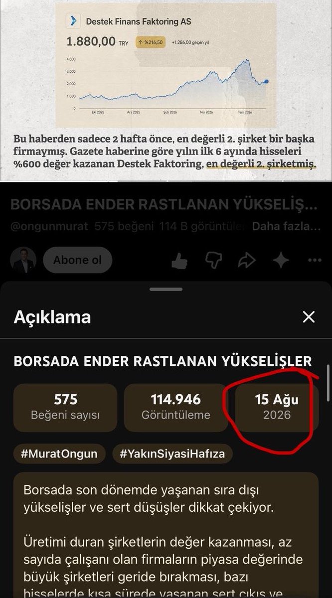DailyOngun's tweet photo. 👁️‍🗨️ Murat Ongun, fon vurgunundan bir ay önce, 15 Ağustos tarihinde paylaştığı “BORSADA ENDER RASTLANAN YÜKSELİŞLER” başlıklı videosunda fon vurgununa karşı uyardı. https://t.co/8eySiuDz1I